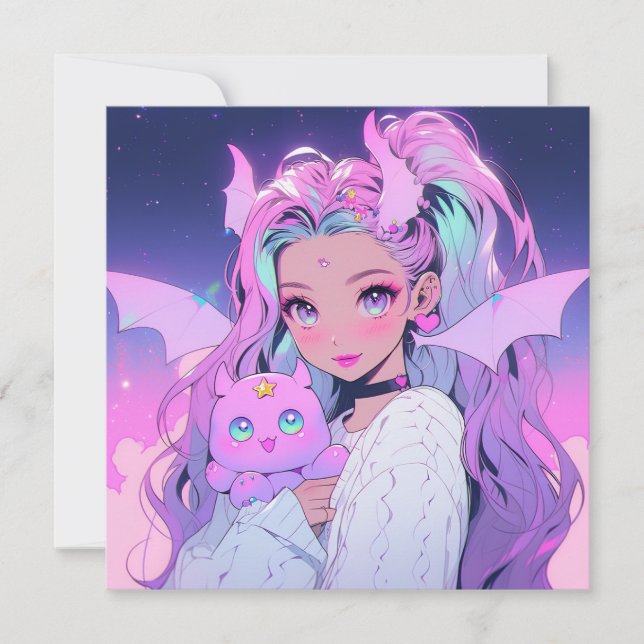 Invitación Kawaii Anime Chica con una criatura exuberante (Anverso)