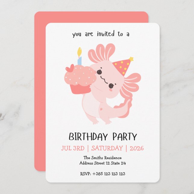 Invitación Kawaii Axolotl Birthday Party Invitation (Anverso / Reverso)