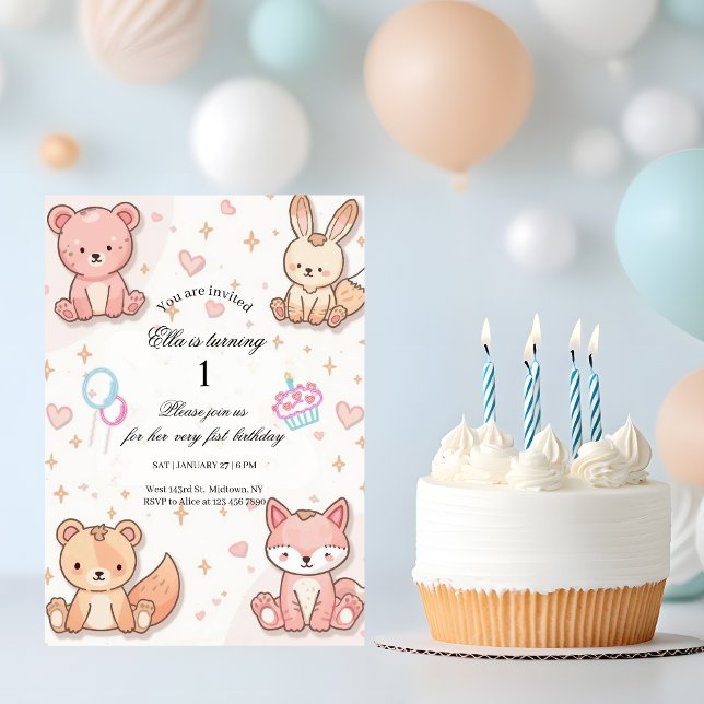 Invitación Kawaii Baby Animal 1st Birthday Invitation (Subido por el creador)