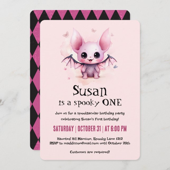 Invitación Kawaii Bat Halloween Birthday Party (Anverso / Reverso)