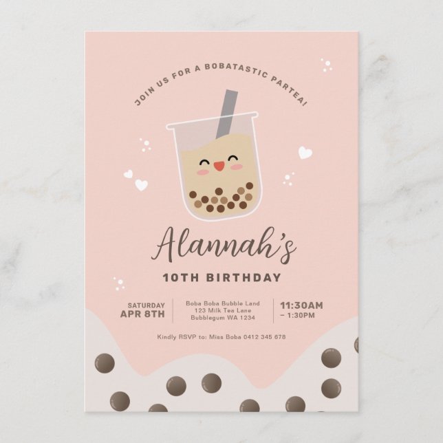 Invitación Kawaii Boba Bubble Leche Tea Pink Cumpleaños (Anverso)