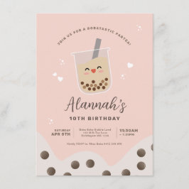 Invitación Kawaii Boba Bubble Leche Tea Pink Cumpleaños