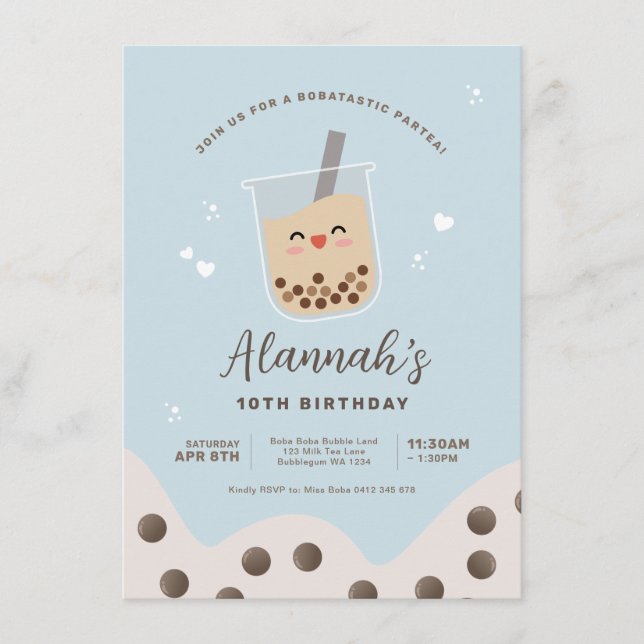 Invitación Kawaii Boba Bubble Milk Tea Blue Birthday (Anverso)