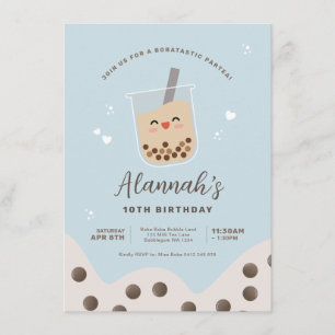Invitación Kawaii Boba Bubble Milk Tea Blue Birthday