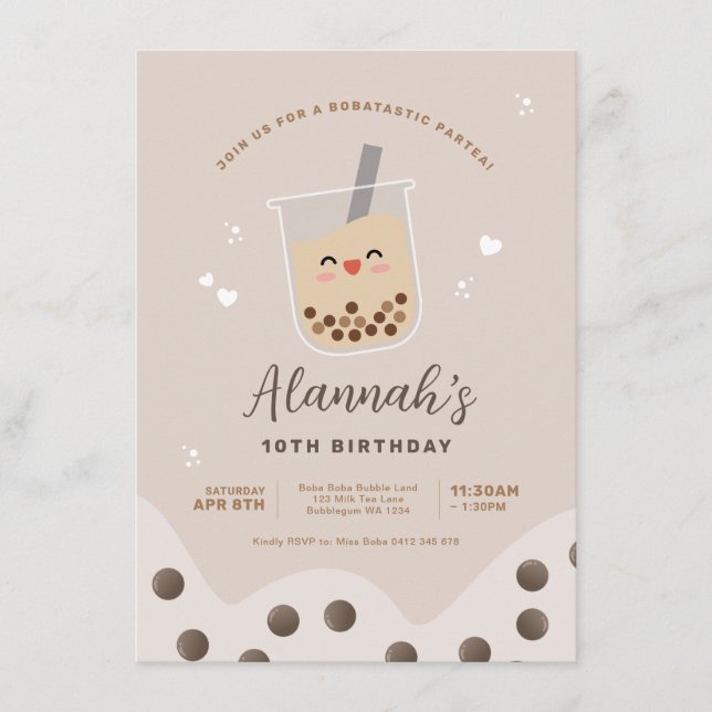 Invitación Kawaii Boba Bubble Milk Tea Cumpleaños simple (Anverso)
