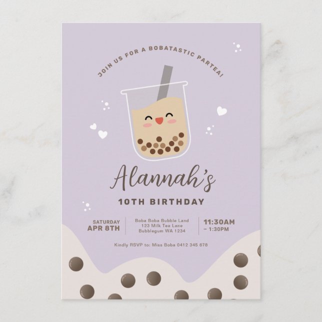 Invitación Kawaii Boba Bubble Milk Tea Purple Cumpleaños simp (Anverso)