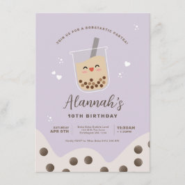 Invitación Kawaii Boba Bubble Milk Tea Purple Cumpleaños simp