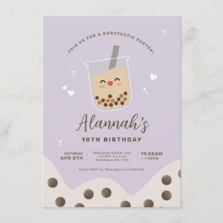 Invitación Kawaii Boba Bubble Milk Tea Purple Cumpleaños simp