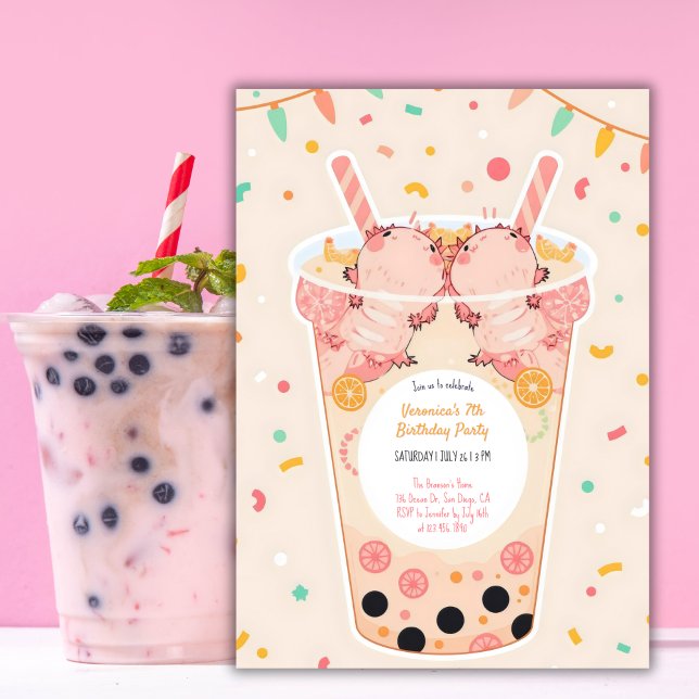 Invitación Kawaii Boba Bubble Tea Axolotl Cumpleaños (Bubble Tea Axolotl Birthday Invitation Cute Kawaii Boba Birthday Party Invite)