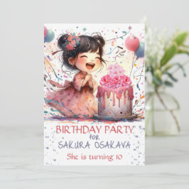 Invitación Kawaii chica asiático Cumpleaños Tartas florales p