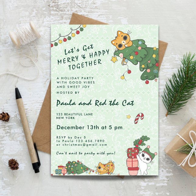 Invitación Kawaii Cute Cat & Christmas Tree Invitation (Kawaii Cute Cat & Christmas Tree Invitation)