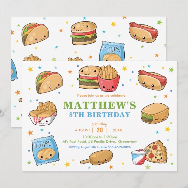 Invitación Kawaii cute Fiesta de comida rápida cumpleaños (Anverso / Reverso)
