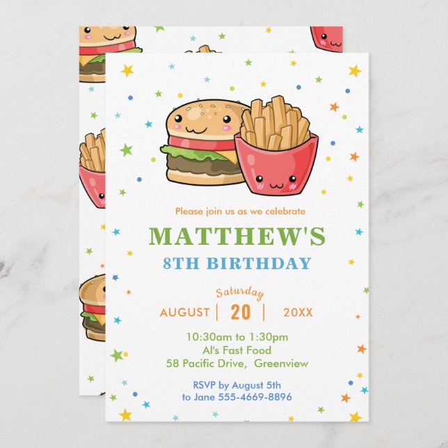 Invitación Kawaii cute Fiesta de comida rápida cumpleaños (Anverso / Reverso)