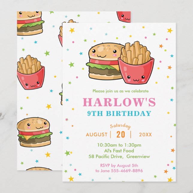Invitación Kawaii Cute Fiesta de comida rápida cumpleaños Chi (Anverso / Reverso)