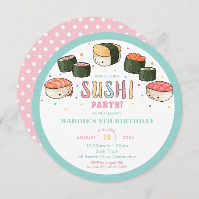 Invitación Kawaii Cute Sushi Fiesta Chica Cumpleaños (Anverso / Reverso)