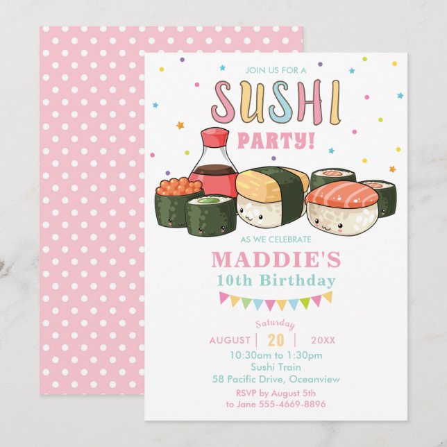 Invitación Kawaii Cute Sushi Fiesta Pastel Chica Cumpleaños (Anverso / Reverso)