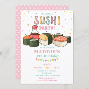 Invitación Kawaii Cute Sushi Fiesta Pastel Chica Cumpleaños