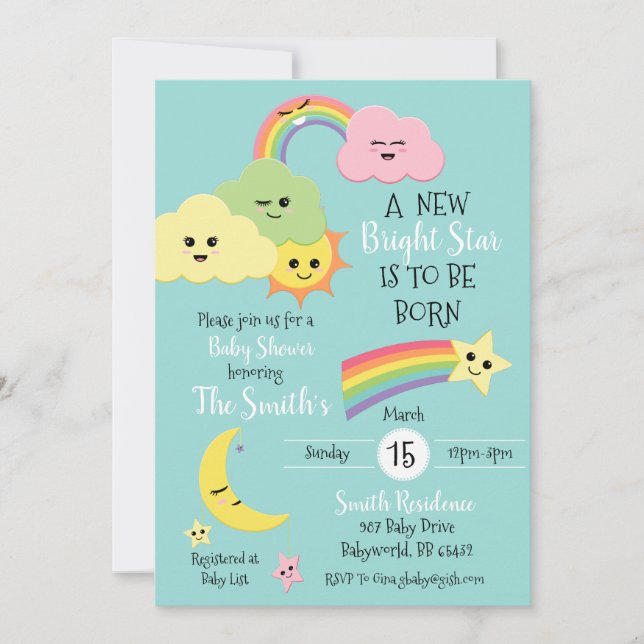 Invitación Kawaii Estrella Cuta Luna Género Neutral Baby Show (Anverso)