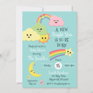 Invitación Kawaii Estrella Cuta Luna Género Neutral Baby Show