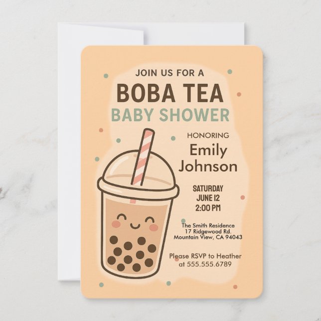 Invitación Kawaii Género Neutral Pastel Boba Tea Baby Shower (Anverso)