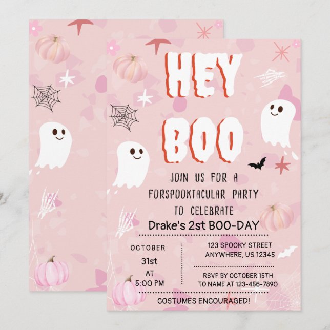 Invitación Kawaii Halloween Fantasma Rosa Cumpleaños Hey Boo (Anverso / Reverso)