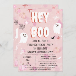 Invitación Kawaii Halloween Fantasma Rosa Cumpleaños Hey Boo