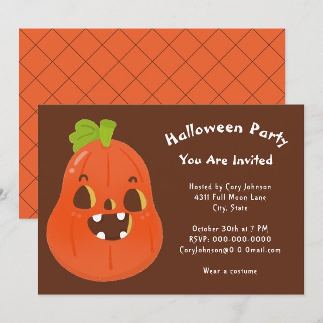 Invitación Kawaii Halloween Jack o' Lantern Brown Fiesta Blan (Anverso / Reverso)