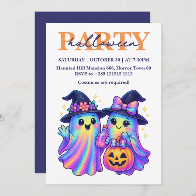 Invitación Kawaii Holographic retro ghost fiesta de Halloween (Anverso / Reverso)