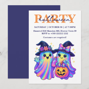 Invitación Kawaii Holographic retro ghost fiesta de Halloween