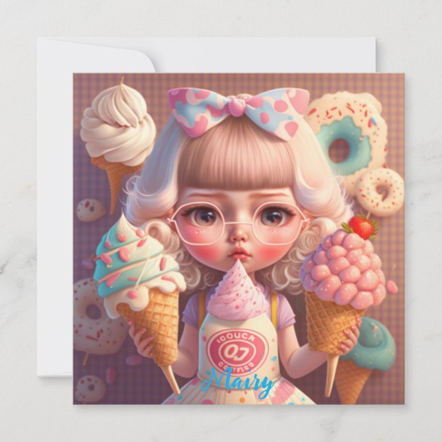 Invitación Kawaii lindo chica con helados (Anverso)