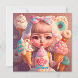 Invitación Kawaii lindo chica con helados