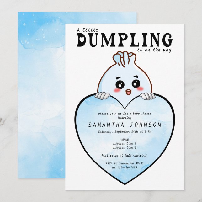 Invitación Kawaii Little Dumpling Dim Sum Blue Baby Shower (Anverso / Reverso)
