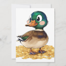 Invitación Kawaii Mallard sobre un pito de oro invitando