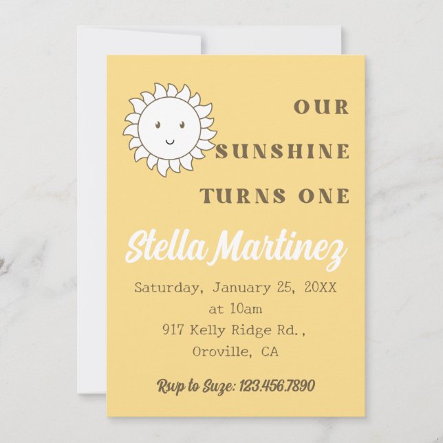 Invitación Kawaii Nuestra Chica del Sol en su 1er Cumpleaños (Anverso)