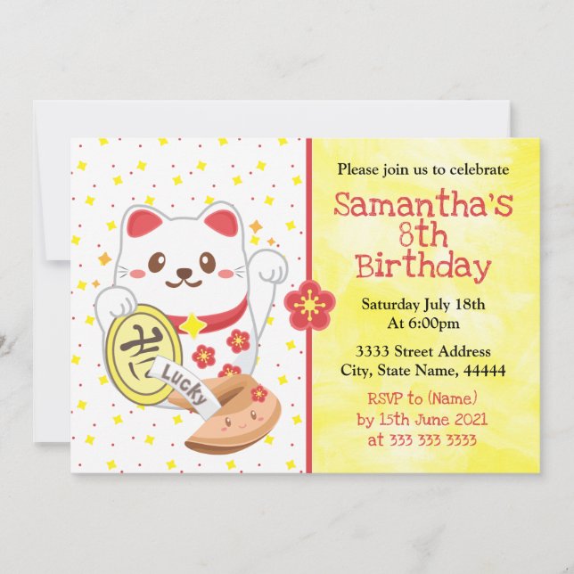 Invitación Kawaii Oriental Lucky Cat (Anverso)