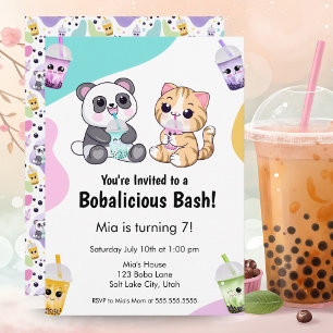 Invitación Kawaii Panda y Tiger Bubble Tea Kids Cumpleaños