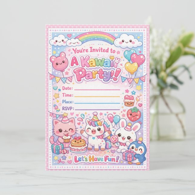 Invitación Kawaii Party Invitation – Cute Pastel Birthday  (Anverso de pie)