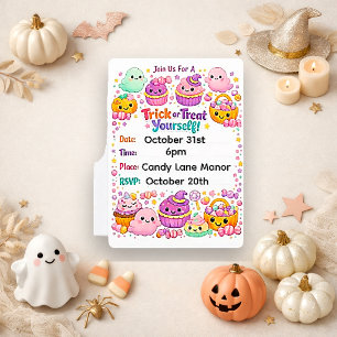 Invitación Kawaii Pastel Chibi Fantasma Halloween