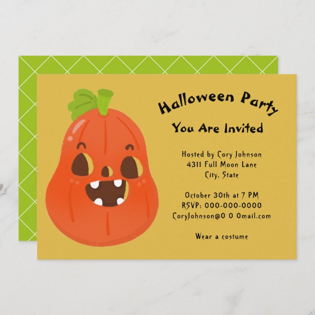 Invitación Kawaii Pumpkin Halloween Jack o' Lantern Fiesta In (Anverso / Reverso)
