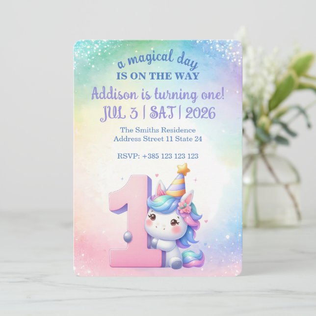 Invitación Kawaii Rainbow Unicorn Primer Fiesta de cumpleaños (Anverso de pie)
