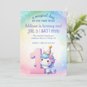 Invitación Kawaii Rainbow Unicorn Primer Fiesta de cumpleaños