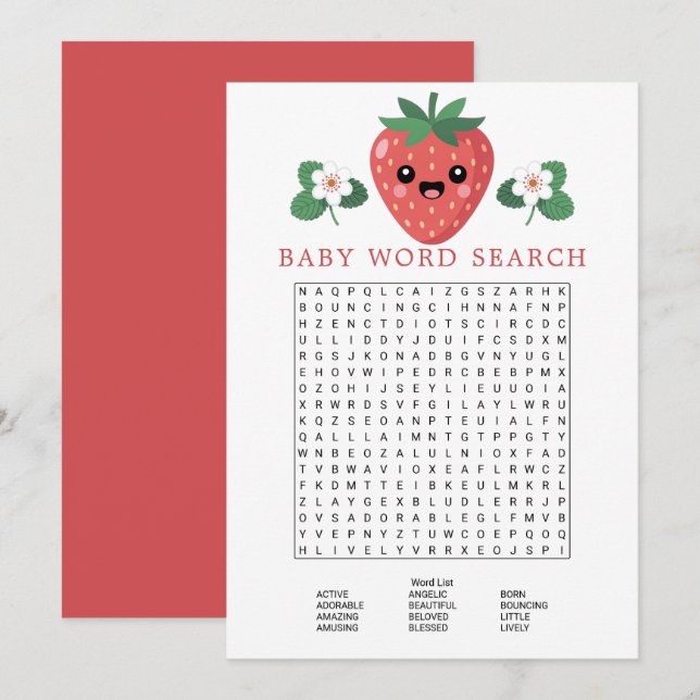 Invitación Kawaii Strawberry Baby Shower Word Search Game (Anverso / Reverso)