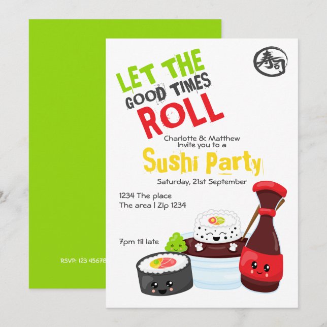 Invitación Kawaii Sushi Fiesta Dejó Pasar Los Buenos Tiempos (Anverso / Reverso)