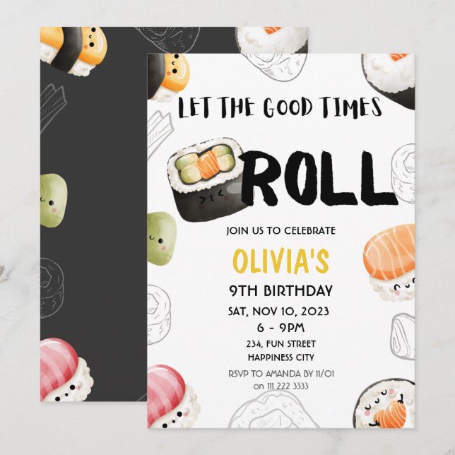 Invitación Kawaii Sushi Good Times Roll Niños Adultos Cumplea (Anverso / Reverso)
