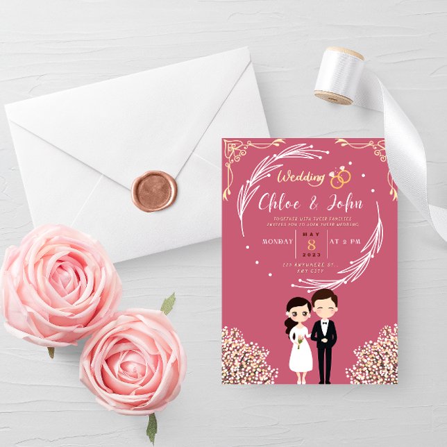 Invitación Kawaii Tema Rosa y Oro de la Boda de la Pareja Chi (Subido por el creador)