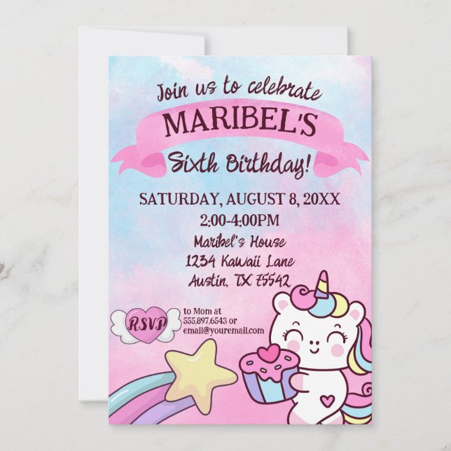 Invitación Kawaii Unicorn Pink Blue Birday (Anverso)