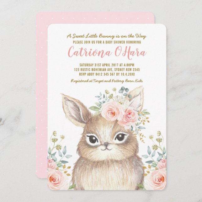 Invitación Kawaii Woodland Bunny Chica Floral Rosa Baby Showe (Anverso / Reverso)