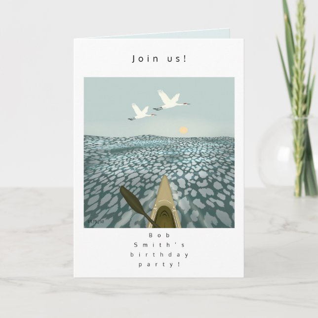Invitación Kayak en agua con grúas volando sobre la invitació (Anverso)