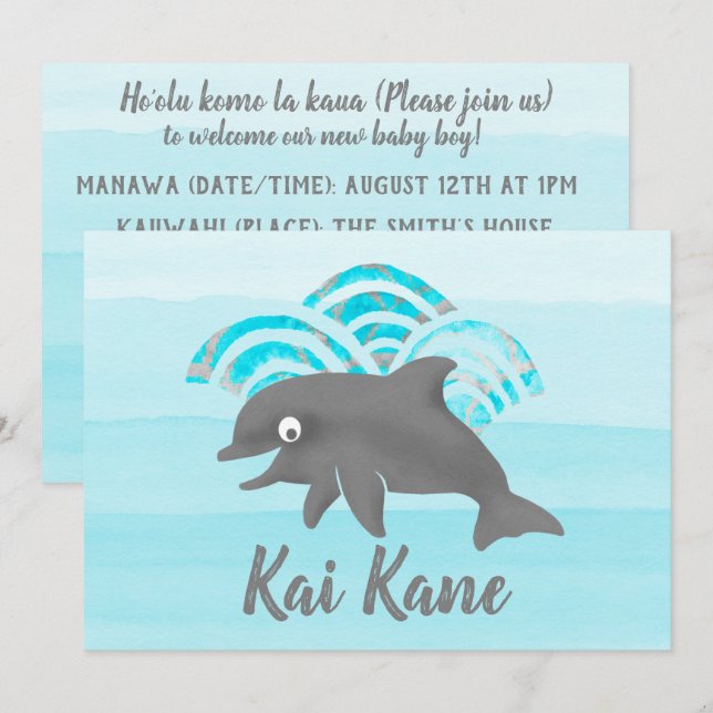 Invitación Keiki Watercolor Dolphin Wave (Anverso / Reverso)