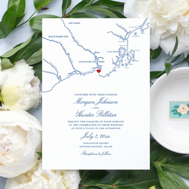 Invitación Kennebunkport Maine Elegant Boda de Mapa de la Mar (Navy Blue Kennebunkport Map Wedding invitations for a destination wedding at Nonantum Resort)